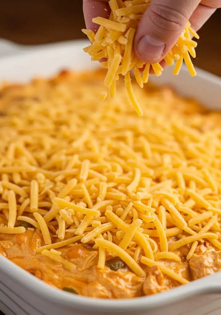 sprinkled evenly over the top of the prepared buffalo chicken dip