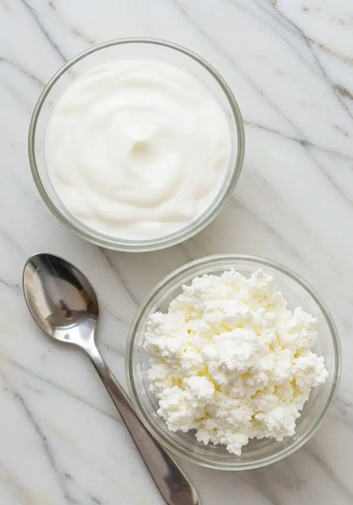 two small bowls, one filled with creamy cottage cheese vs Greek yogurt