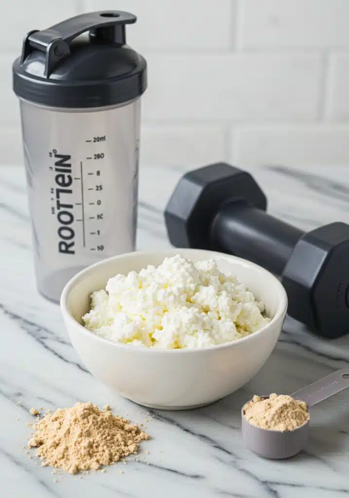 A bowl of creamy cottage cheese on a marble countertop, surrounded by dumbbells, a protein shaker, and a measuring spoon of protein powder
