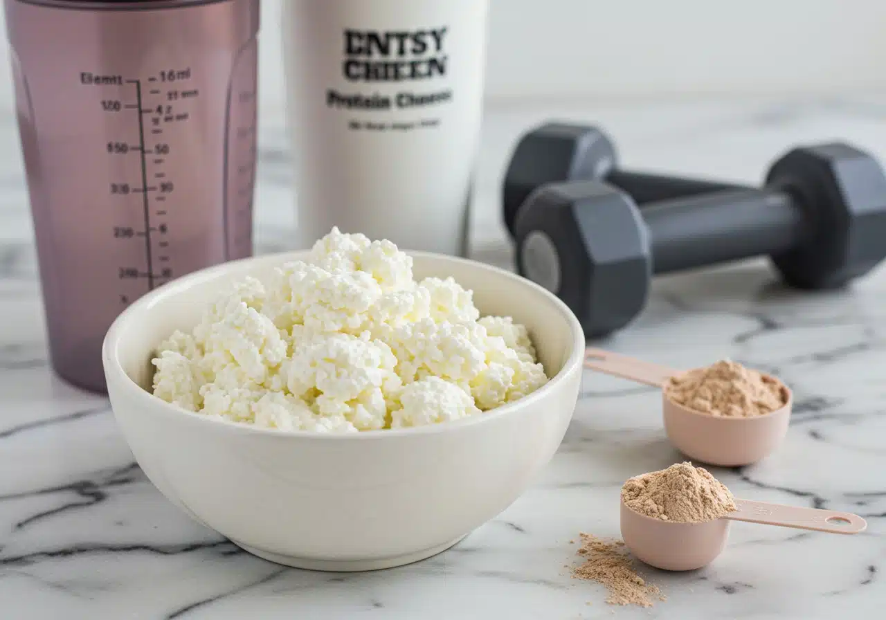 A bowl of creamy cottage cheese surrounded by dumbbells, a protein shaker, and a measuring spoon of protein powder