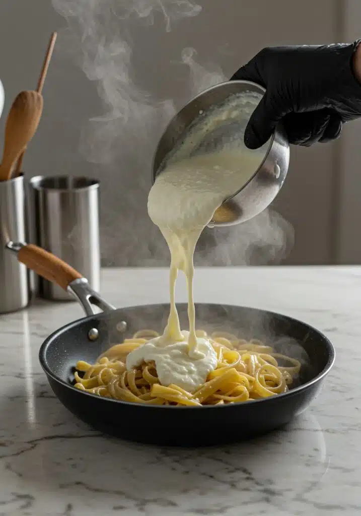 A hand pouring creamy High Protein Cottage Cheese Pasta Sauce onto hot pasta in a pan