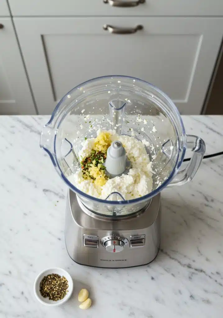 Blending cottage cheese with garlic and seasonings