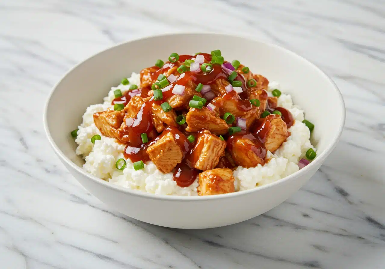 Close-up glamour shot of the finished cottage cheese BBQ chicken bowl