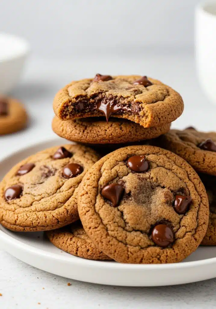 Close-up of stacked air fryer protein cookies on a small white plate