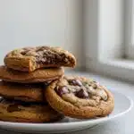 Close-up of stackedAir Fryer Protein Cookie Dough on a small white plate