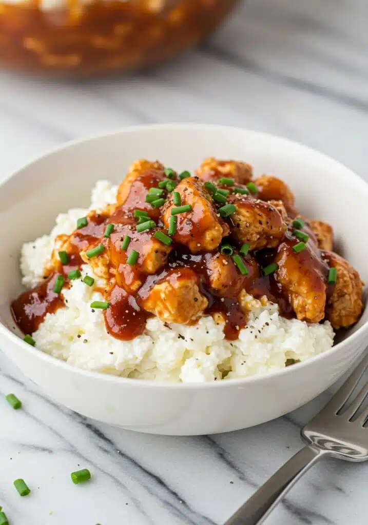 Close up shot of the finished cottage cheese BBQ chicken bowl