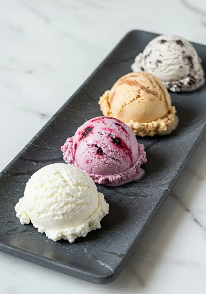 Four scoops of different cottage cheese ice cream flavors on a rectangular platter chocolate peanut butter, berry swirl, cinnamon roll, and cookies & cream
