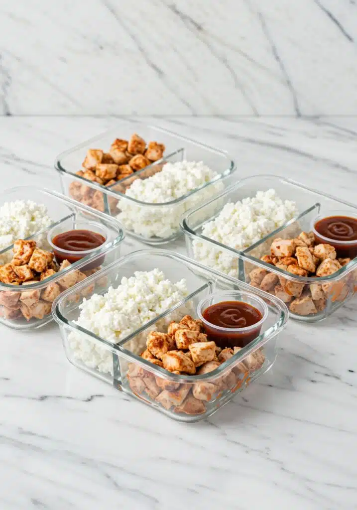 Meal prep setup on white marble countertop showing 4 glass containers with separated cottage cheese BBQ chicken bowl components