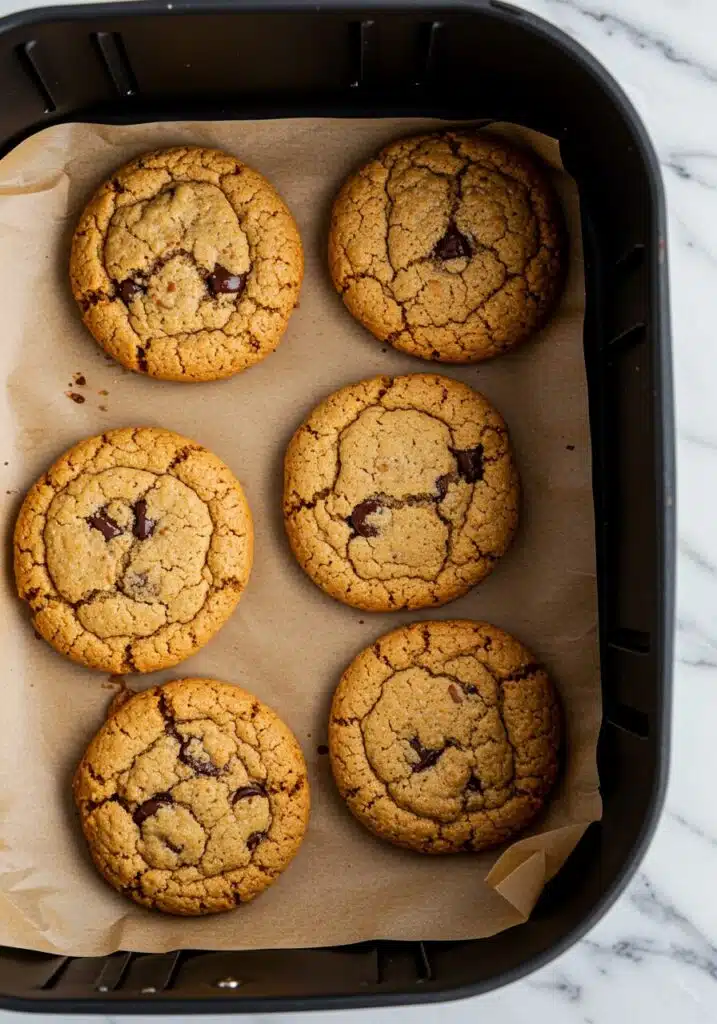 Overhead shot of 6 golden-brown protein cookies freshly baked in the air fryer basket