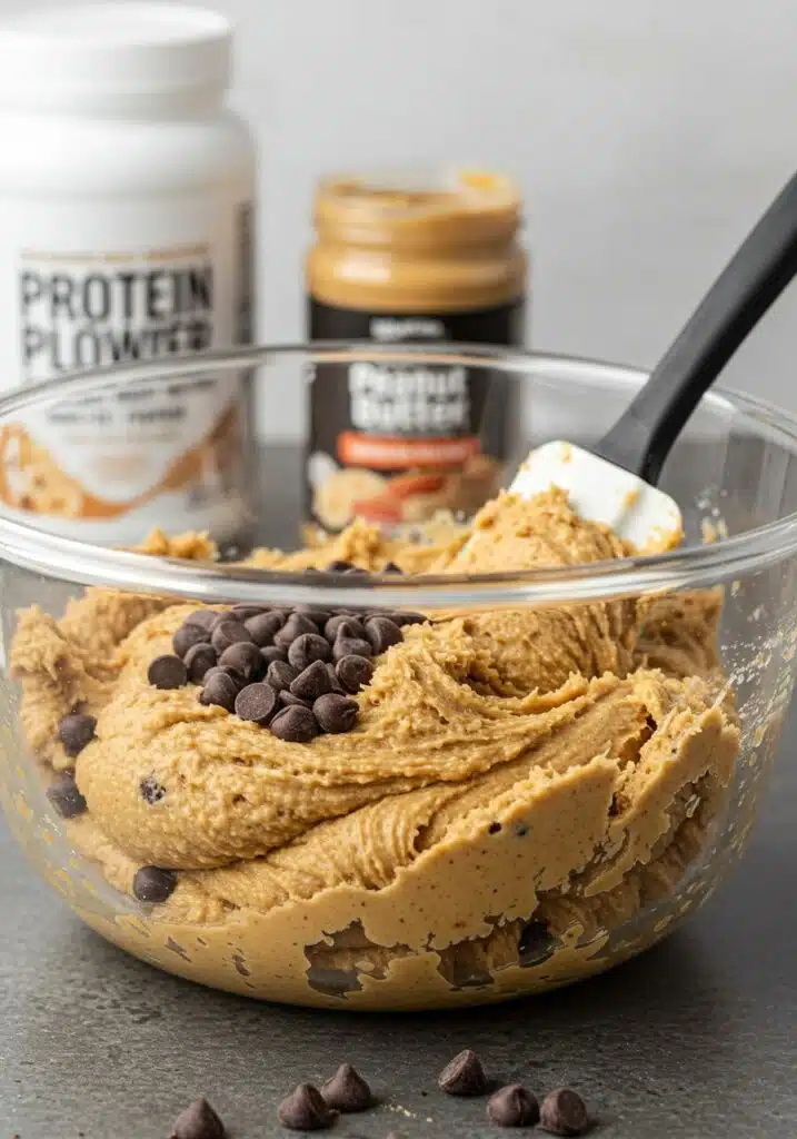 Side-angle shot of a glass bowl with thick, golden cookie dough being mixed with a spatula