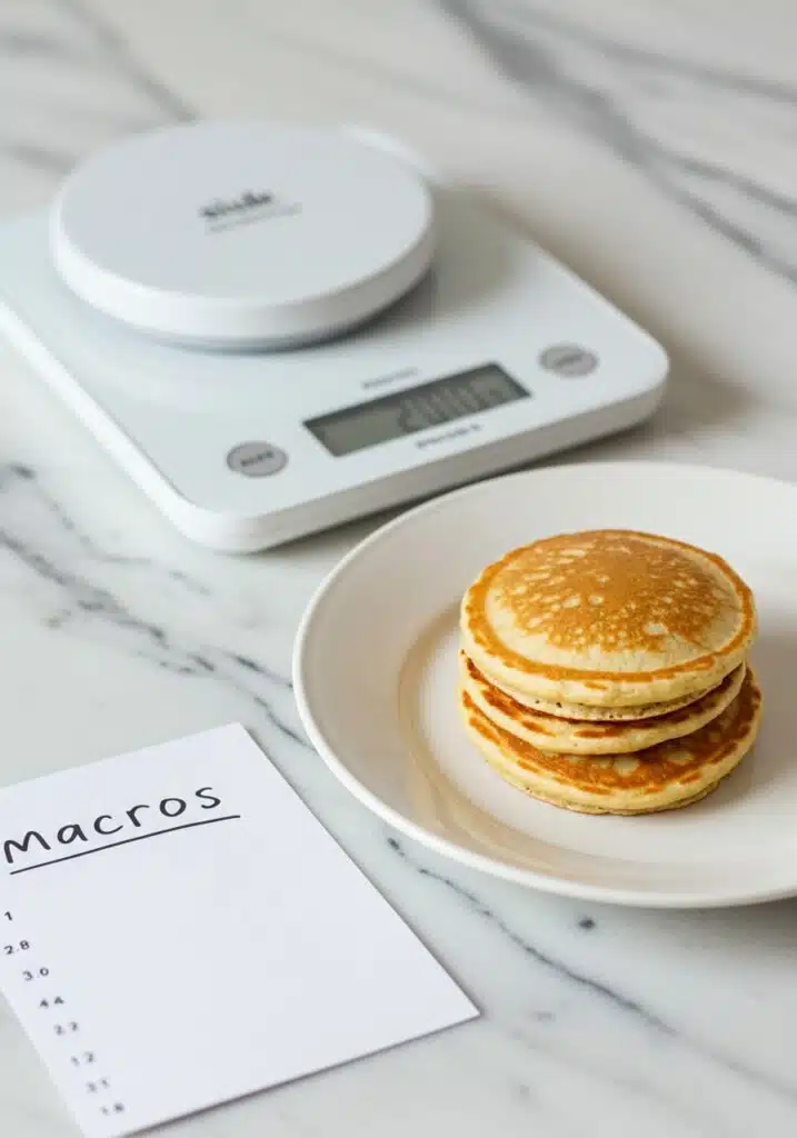 Two small pancakes stacked with a digital kitchen scale