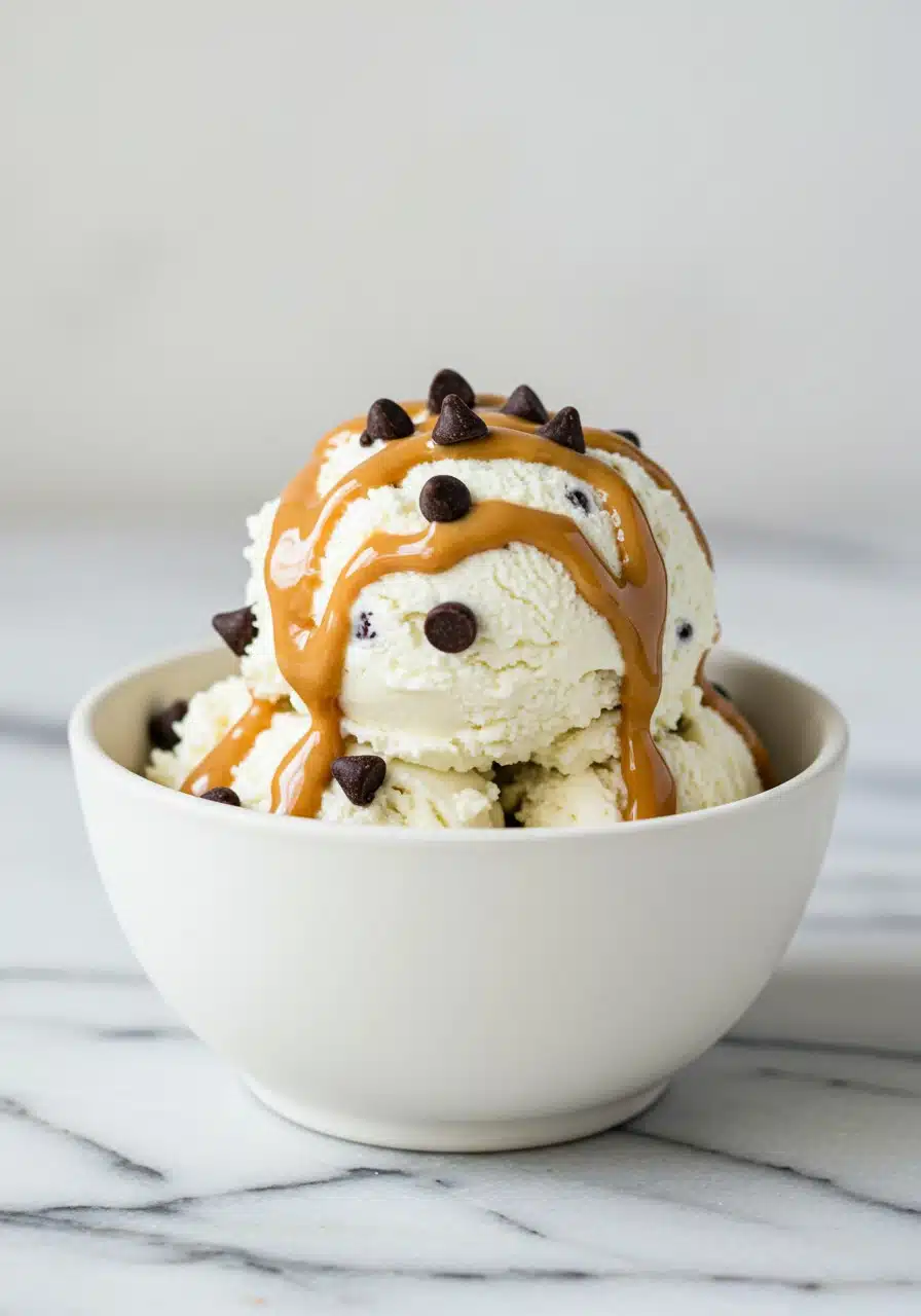 a white bowl of creamy cottage cheese ice cream topped with chocolate chips and a drizzle of peanut butter (3)