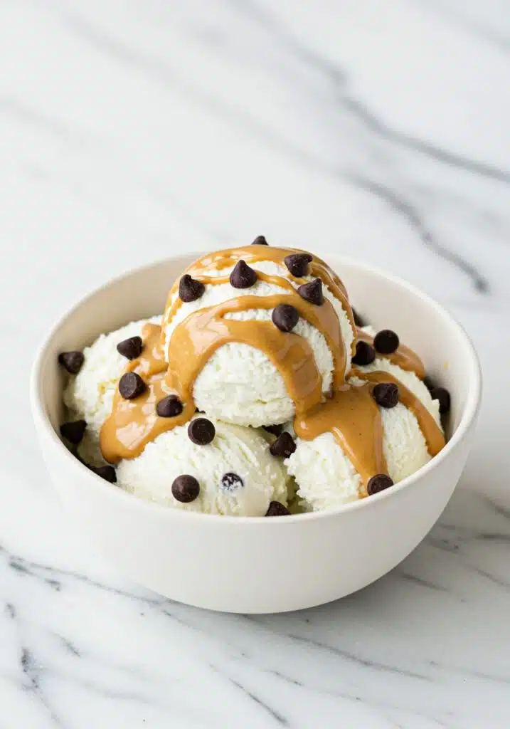a white bowl of creamy cottage cheese ice cream topped with chocolate chips and a drizzle of peanut butter