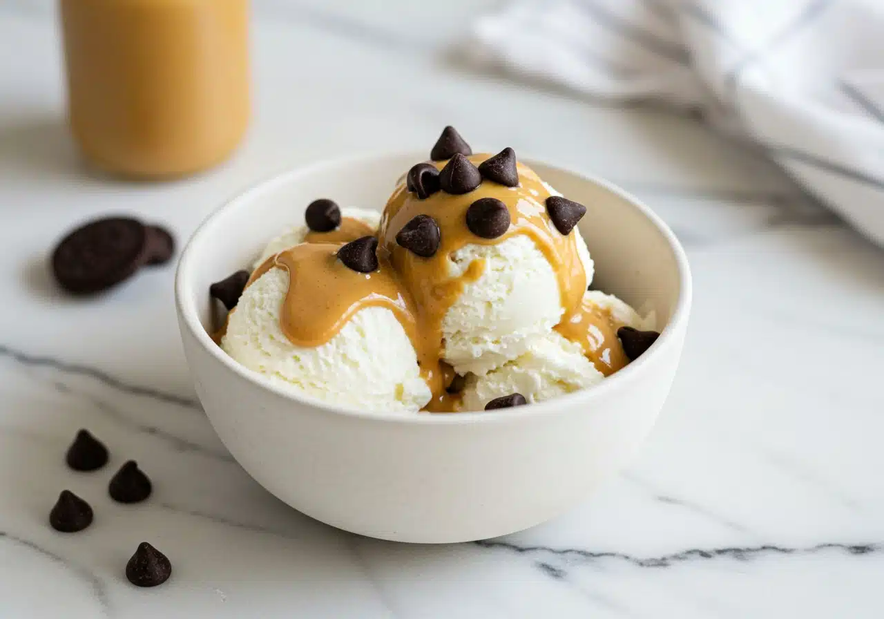bowl of creamy cottage cheese ice cream topped with chocolate chips and a drizzle of peanut butter
