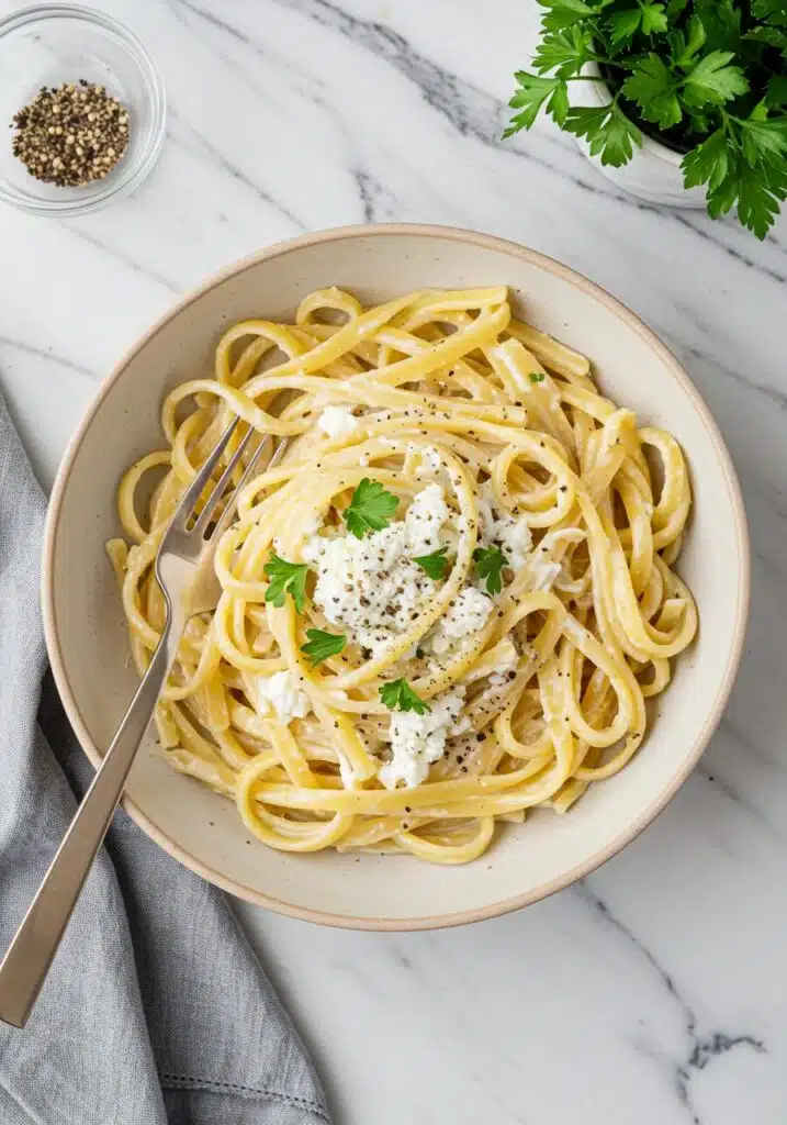 bowl of High Protein Cottage Cheese Pasta Sauce