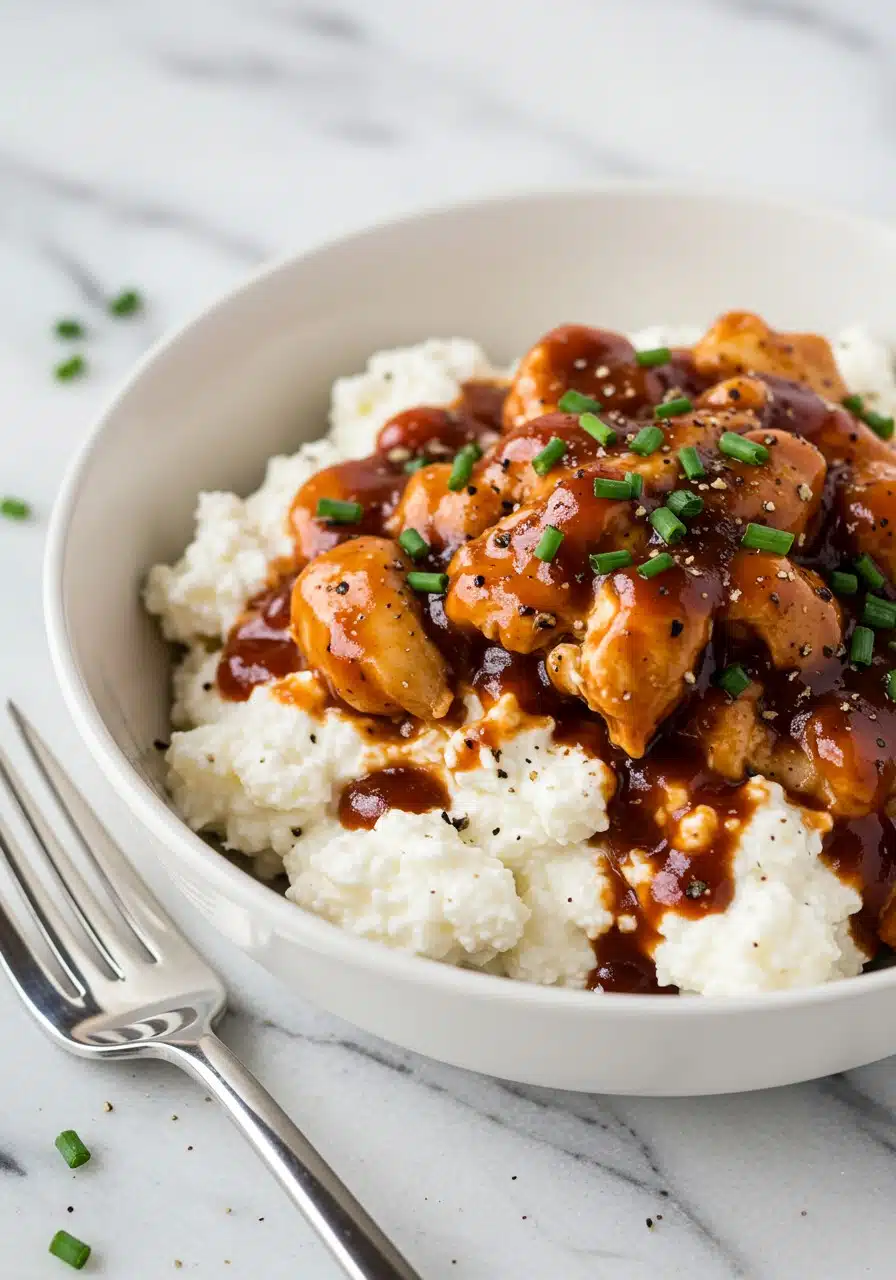 finished cottage cheese BBQ chicken bowl