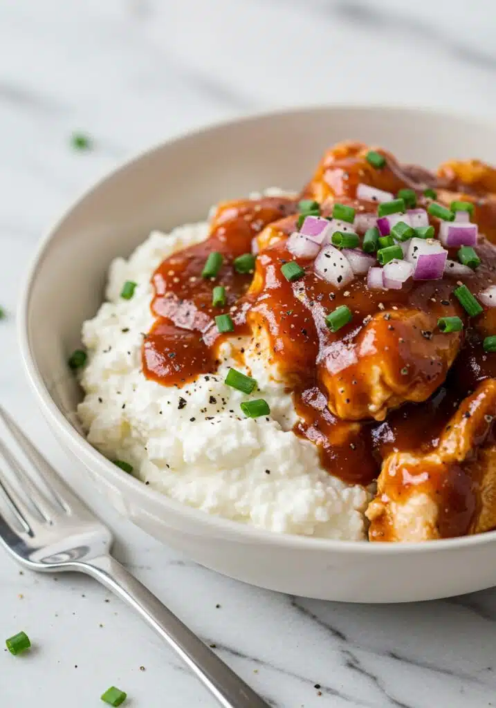 glamour shot of the finished cottage cheese BBQ chicken bowl