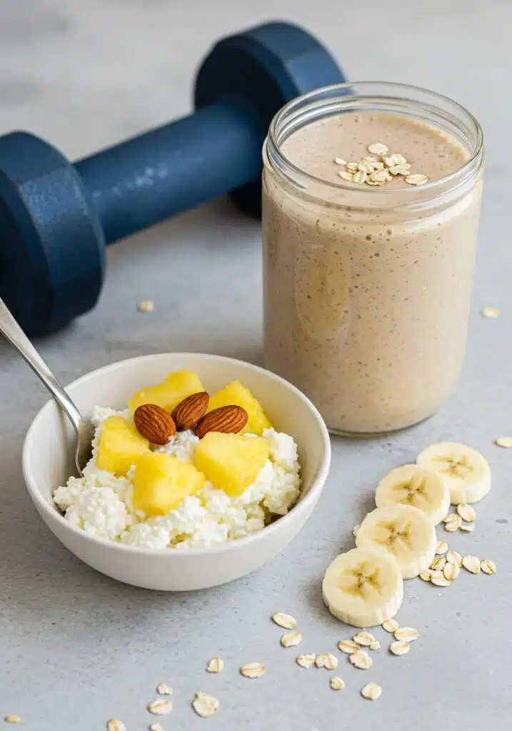 Is Cottage Cheese Good for Muscle Building visual comparison of cottage cheese and protein powder one side showing a bowl of cottage cheese, the other a scoop of powder and shaker bottle