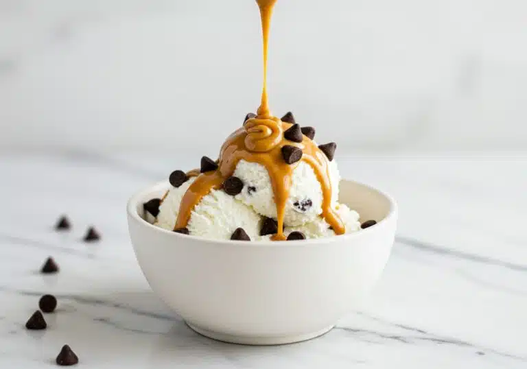white bowl of creamy cottage cheese ice cream topped with chocolate chips and a drizzle of peanut butter