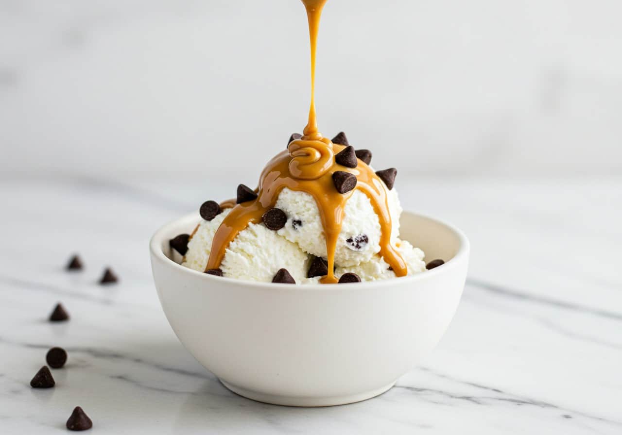 white bowl of creamy cottage cheese ice cream topped with chocolate chips and a drizzle of peanut butter