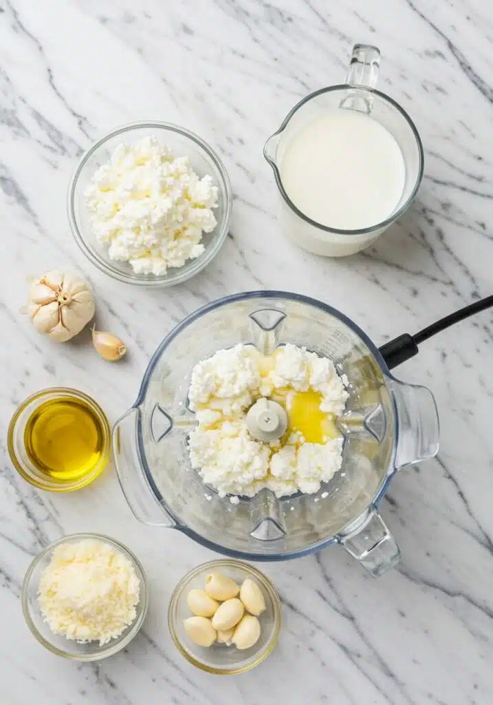 A blender with cottage cheese, garlic, parmesan, olive oil, and milk inside
