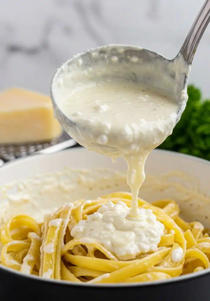 A close-up of creamy cottage cheese Alfredo sauce being poured from a ladle over fresh pasta