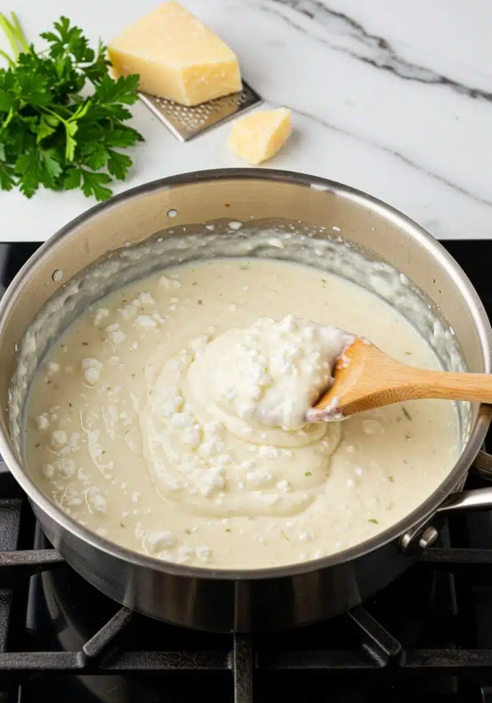 A saucepan on the stove with blended cottage cheese Alfredo sauce being stirred with a wooden spoon