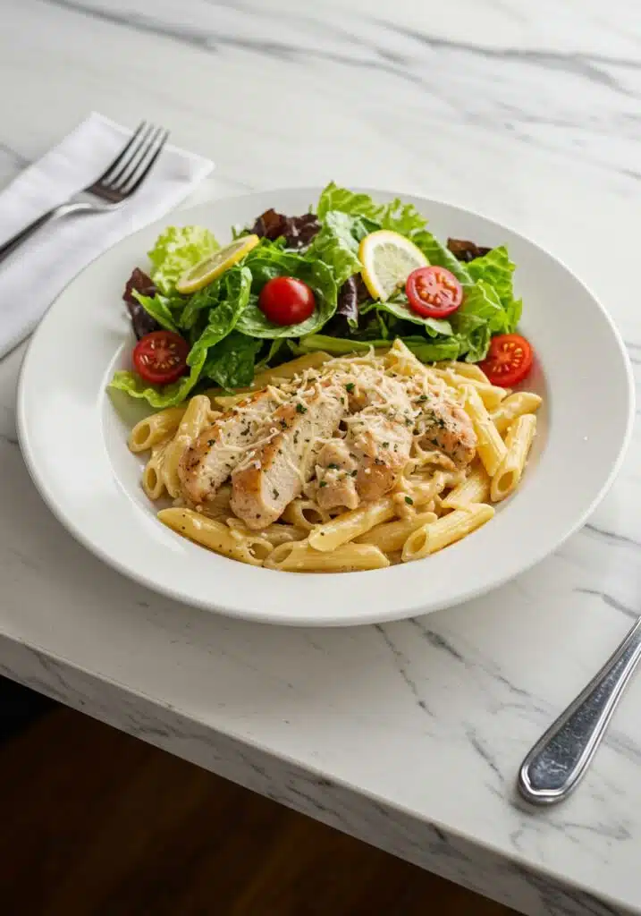 A serving of Garlic Parmesan Chicken Pasta on a plate alongside a fresh green salad
