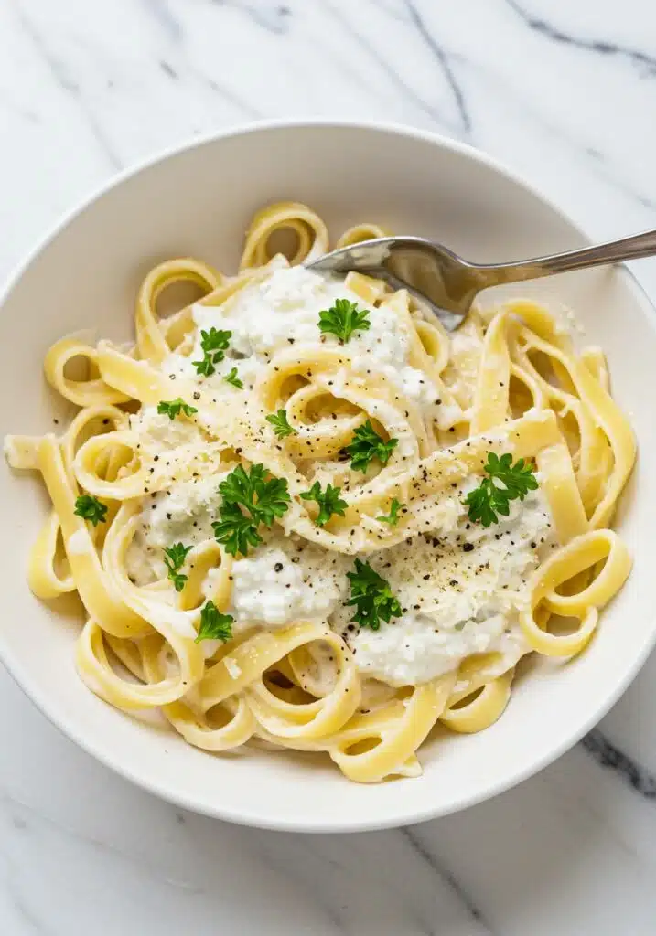 A shallow white bowl filled with creamy cottage cheese Alfredo sauce