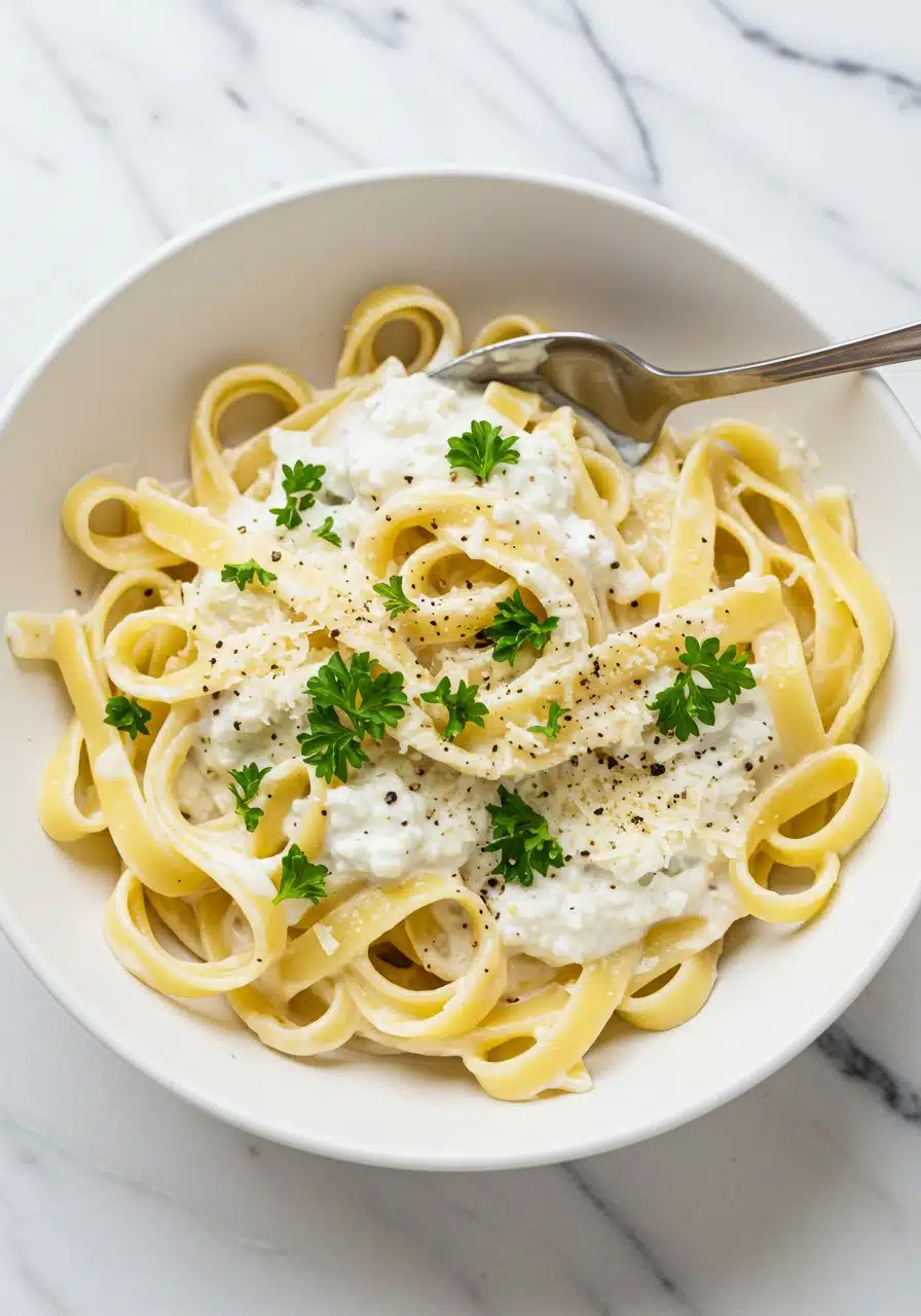 A shallow white bowl filled with creamy cottage cheese Alfredo sauce
