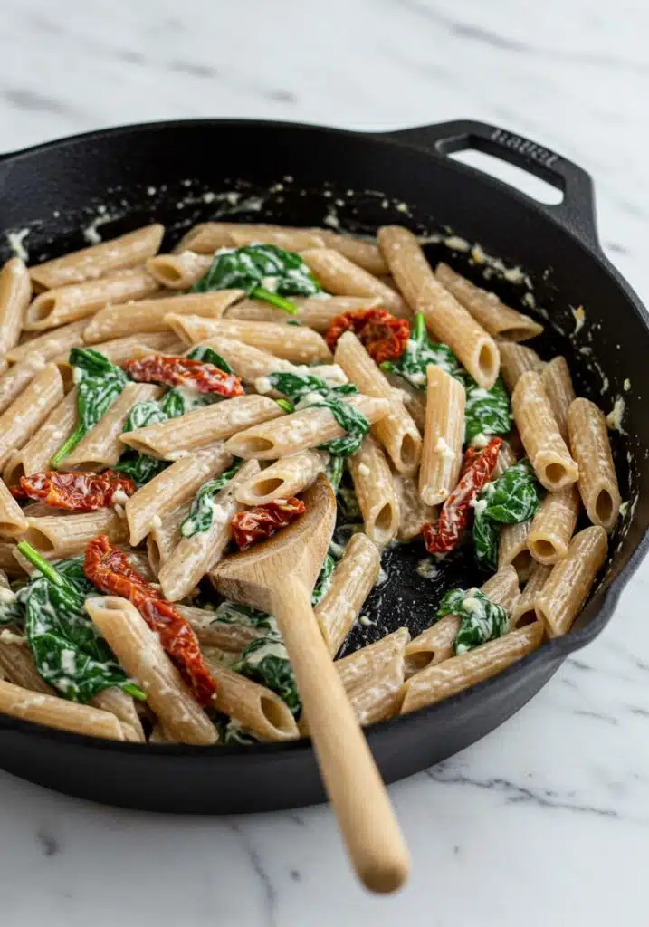 A skillet with cottage cheese Alfredo sauce mixed into whole-wheat penne pasta, topped with spinach and sun-dried tomatoes