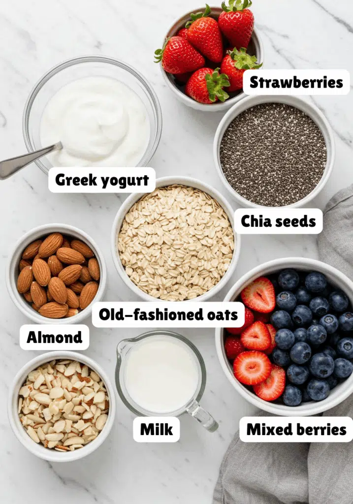 All ingredients for high-protein overnight oats (no protein powder)
