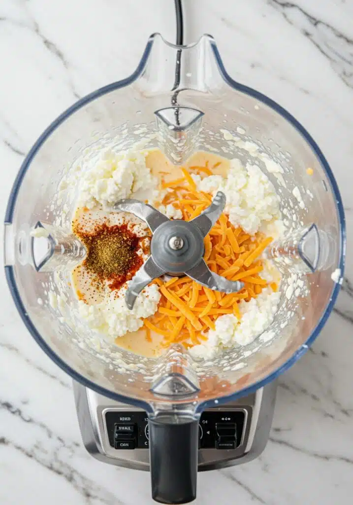 Blending cottage cheese, cheddar, and milk into creamy mac and cheese sauce