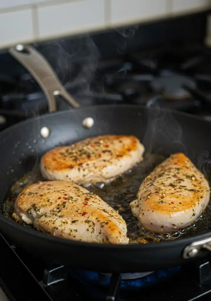 Close-up of boneless skinless chicken breasts being seared in a hot skillet with avocado oil