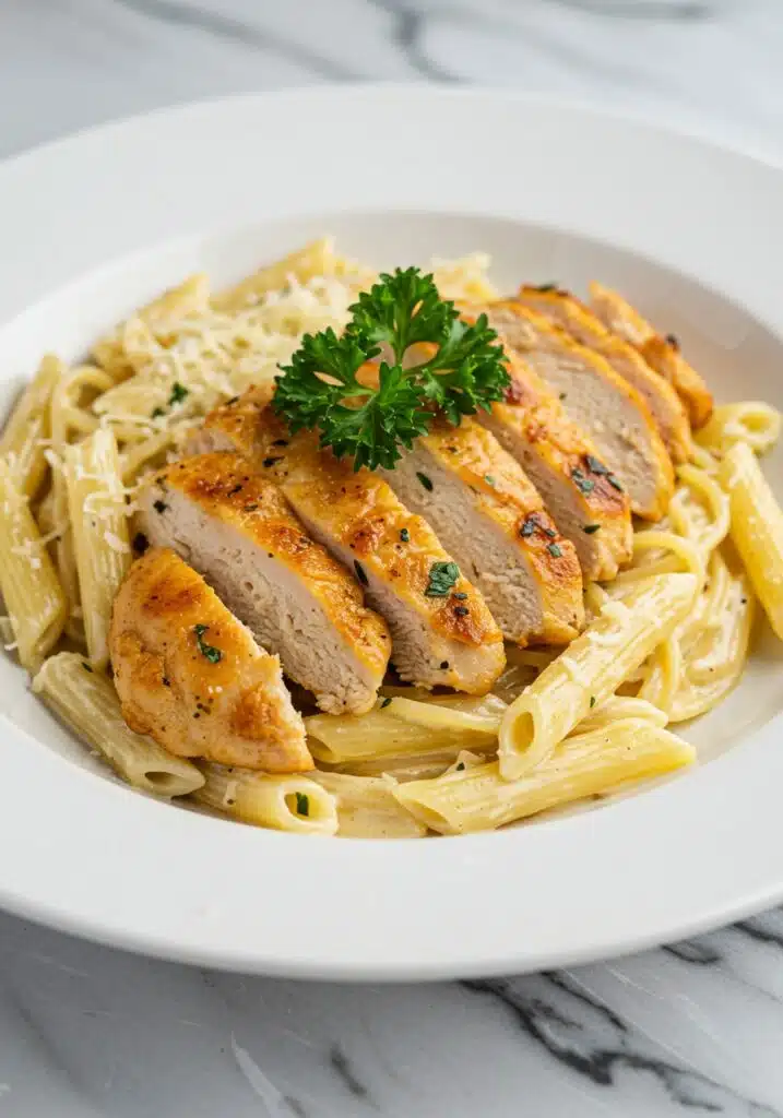 Close-up of creamy Garlic Parmesan Chicken Pasta plated with sliced chicken strips, fresh parsley garnish