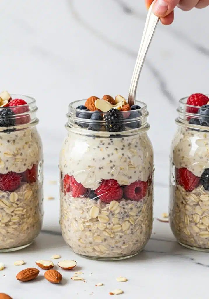 Close-up of mason jars being layered with high-protein overnight oats (no protein powder)