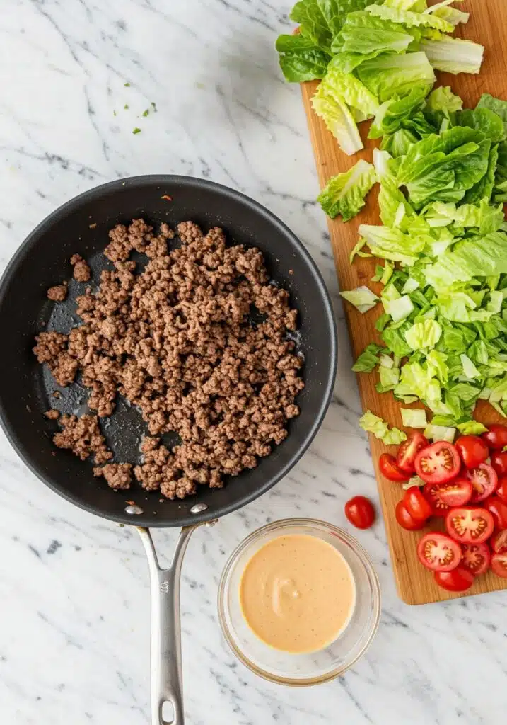 Cooking process shots of a high-protein cheeseburger bowl