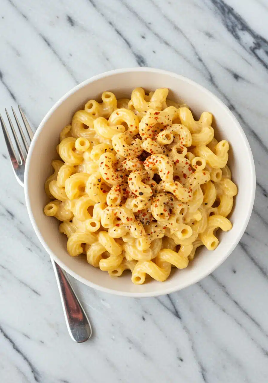 Cottage Cheese Mac and Cheese (High-Protein) in a creamy sauce with paprika and black pepper on top