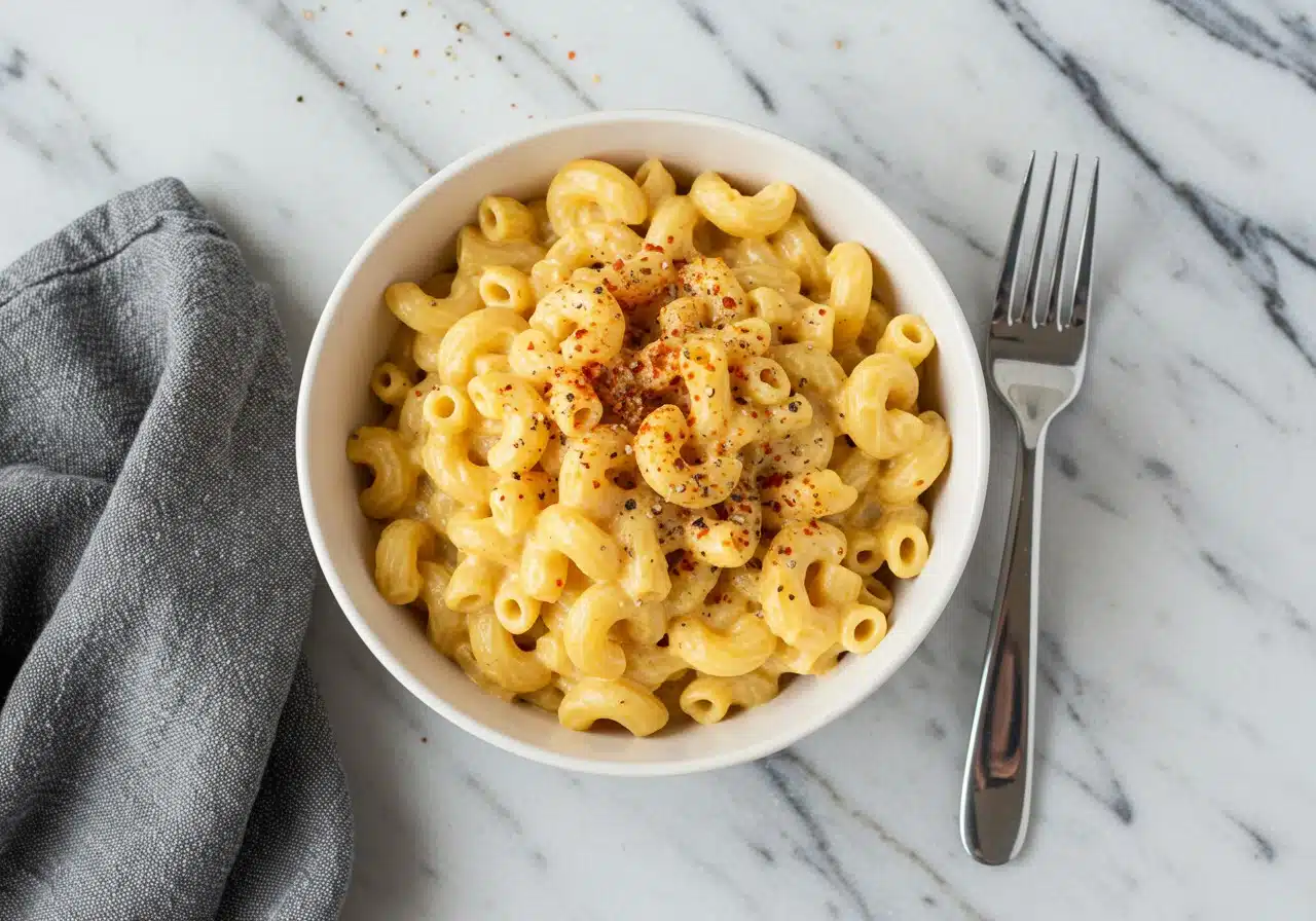 Cottage Cheese Mac and Cheese (High-Protein) in a creamy sauce with paprika and black pepper