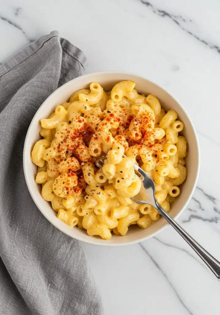 Cottage Cheese Mac and Cheese (High-Protein) with paprika and black pepper on top