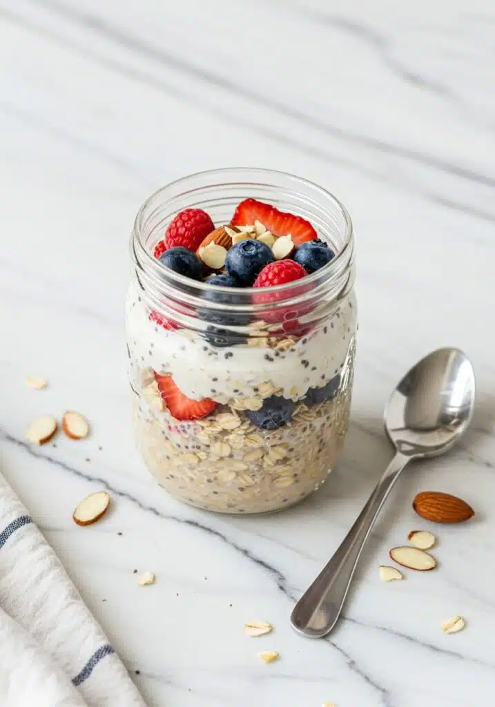 Finished high-protein overnight oats (no protein powder) in a clear mason jar with layers of yogurt, oats, berries, and almonds