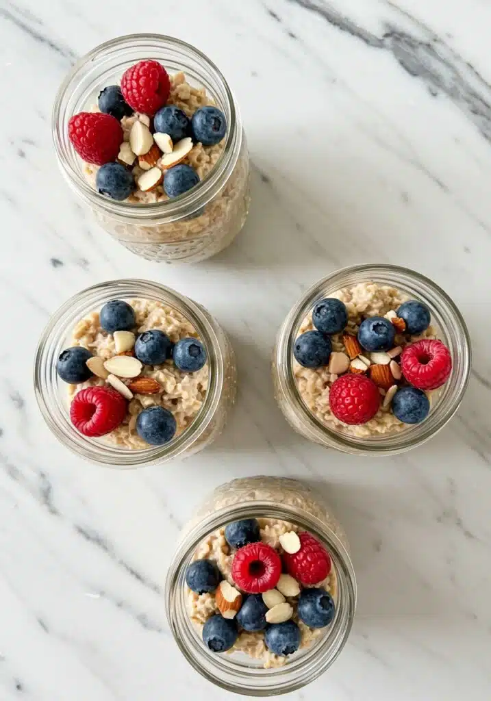 Four mason jars filled with high-protein overnight oats (no protein powder)