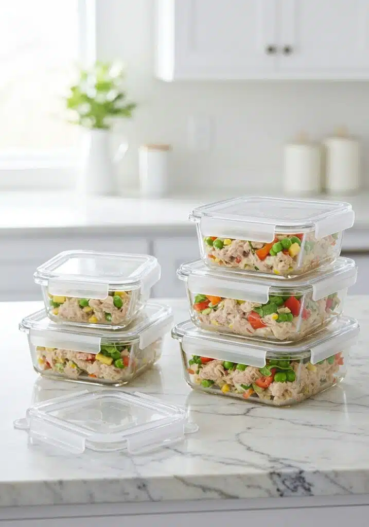 Glass meal prep containers filled with portions of high-protein tuna salad