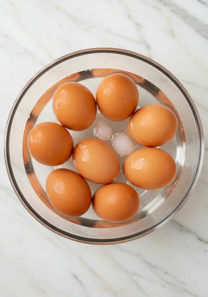 Hard-boiled eggs cooling in ice bath for high-protein cottage cheese egg salad