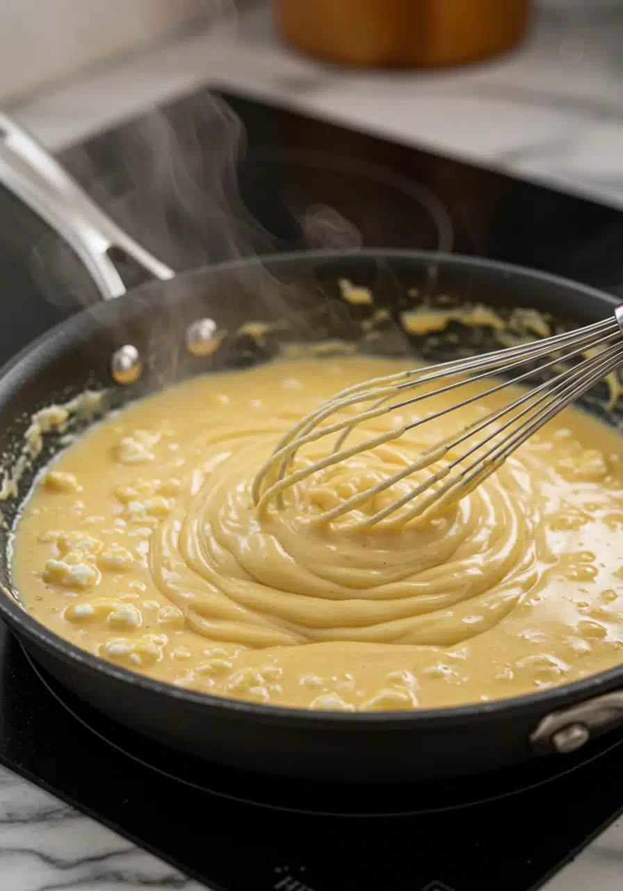 Heating cottage cheese mac and cheese sauce in skillet