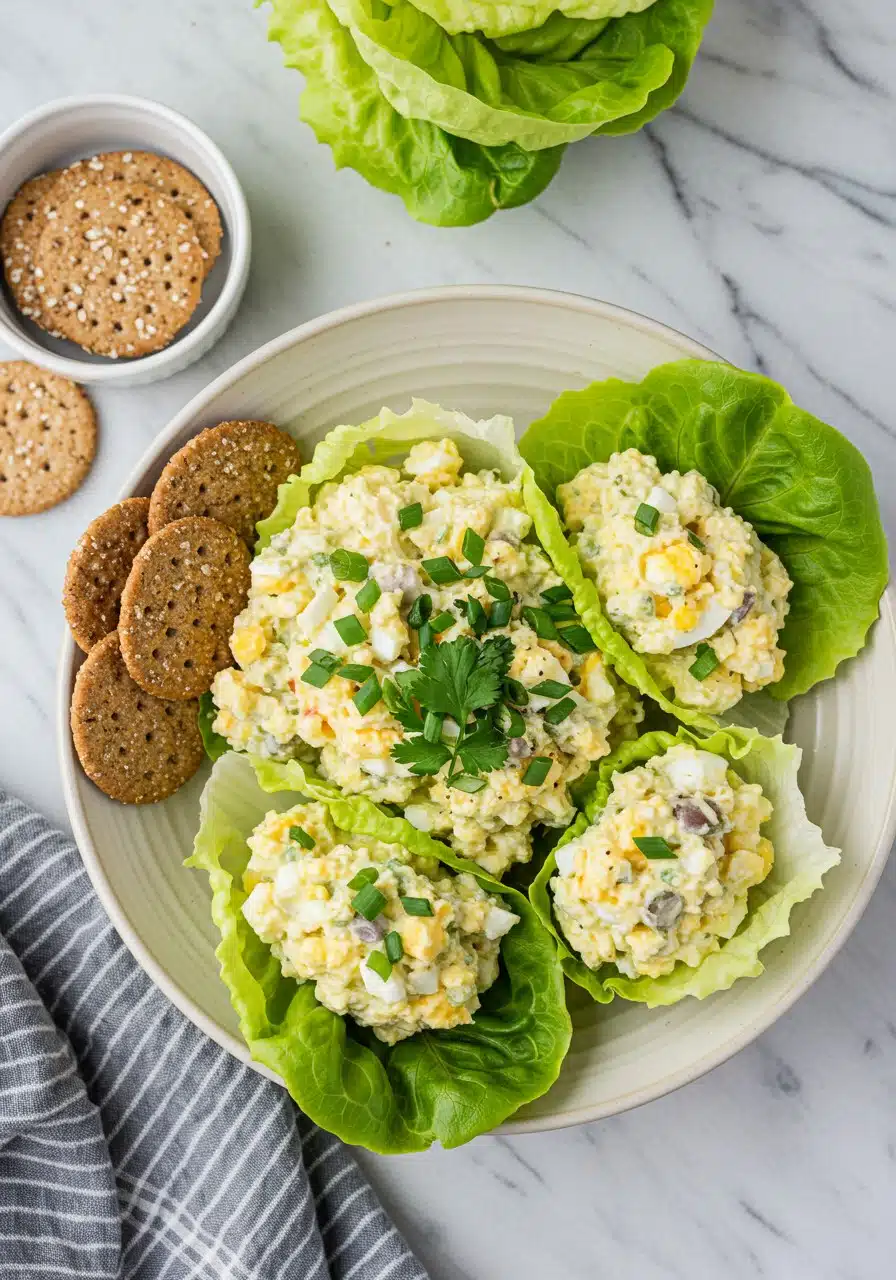 High-Protein Cottage Cheese Egg Salad served in lettuce cups with crackers (2)