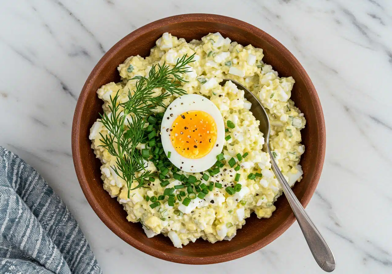 High-Protein Cottage Cheese Egg Salad with fresh dill and chives in a bowl