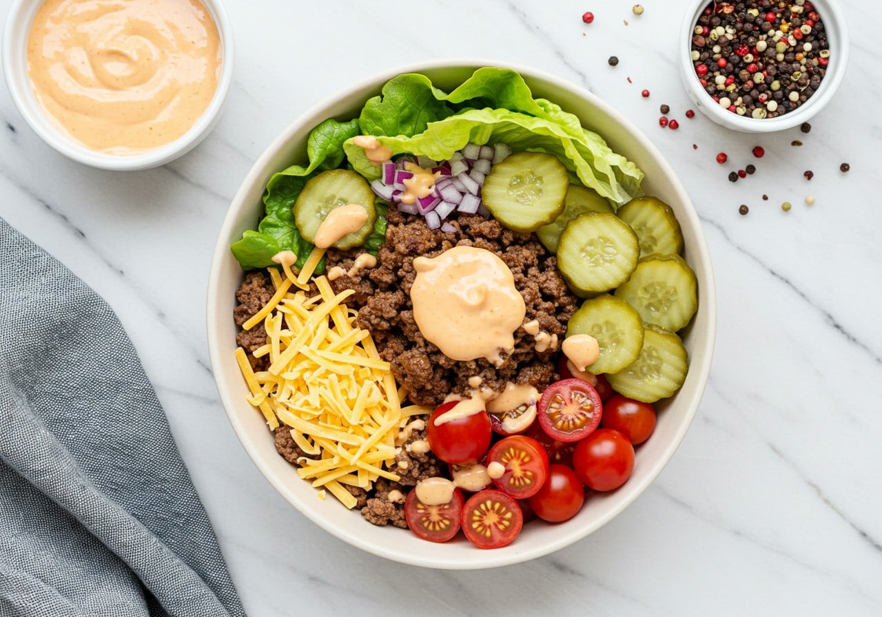 High-protein cheeseburger bowl on a white marble countertop, filled with lean ground beef, shredded cheddar, lettuce, cherry tomatoes,