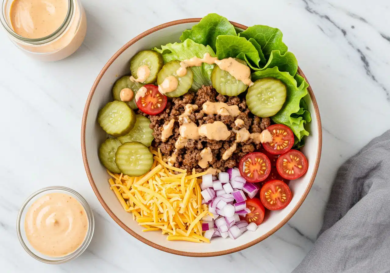 High-protein cheeseburger bowl on a white marble countertop, filled with lean ground beef, shredded cheddar, lettuce, cherry tomatoes, pickle