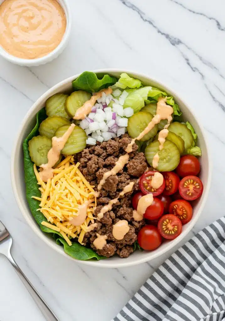 High-protein cheeseburger bowl on a white marble countertop, filled with lean ground beef, shredded cheddar, lettuce, cherry tomatoes, pickles, and a drizzle of special sau